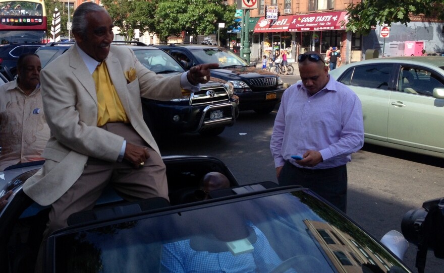 Rep. Charlie Rangel leaves a campaign event in Harlem in a silver Corvette convertible.