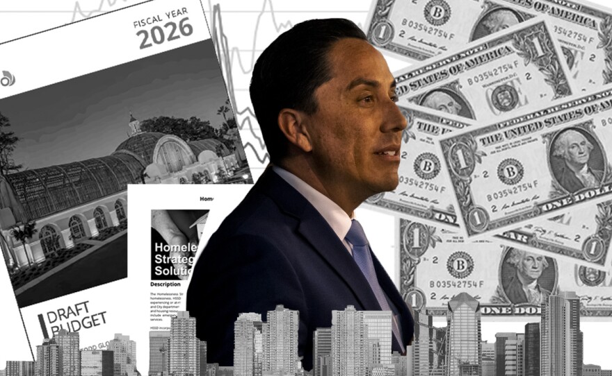 A photo illustration shows San Diego Mayor Todd Gloria alongside screengrabs of his draft budget proposal, the city skyline,