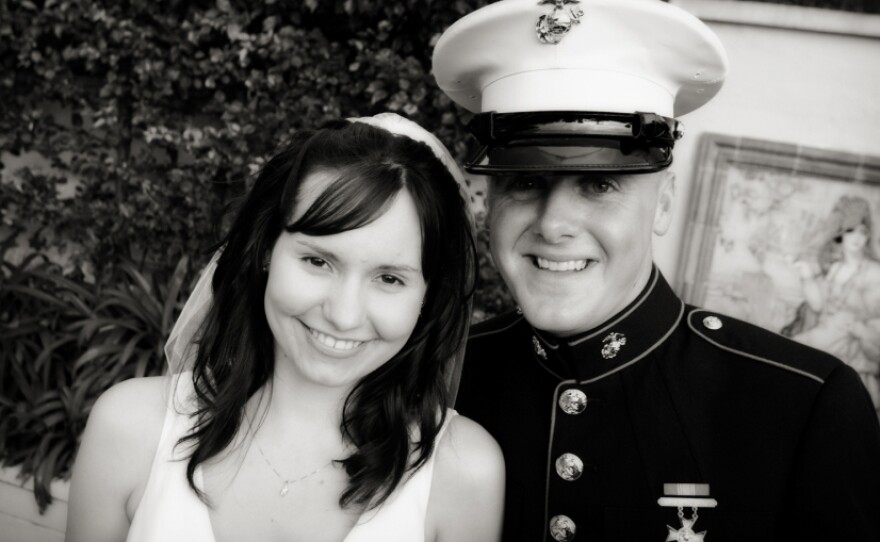 <p>Ashley and Sgt. Ian Tawney (seen here on their wedding day) had known each other since they were children. Ian Tawney was killed Oct. 16, 2010, by an improvised explosive device while on a foot patrol in Sangin. Ashley says she doesn't know how she made it to the door the day Marine officers came to her house to tell her that her husband was dead.</p>