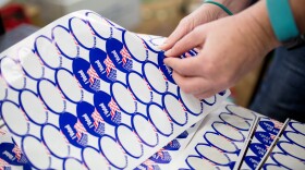 A poll worker at the North Park Library is shown handing out stickers to voters on June 5, 2018. 