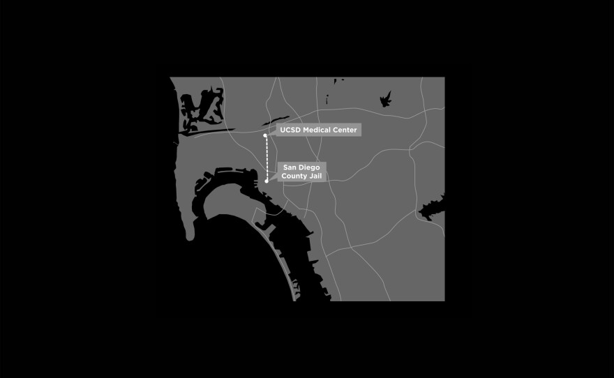 Map of travel from San Diego County Jail to UCSD Medical Center.