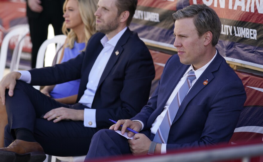 President Donald Trump's 2020 campaign manager Bill Stepien listens as Trump speaks to a crowd of supporters during a campaign stop in Pa., on Aug. 20.