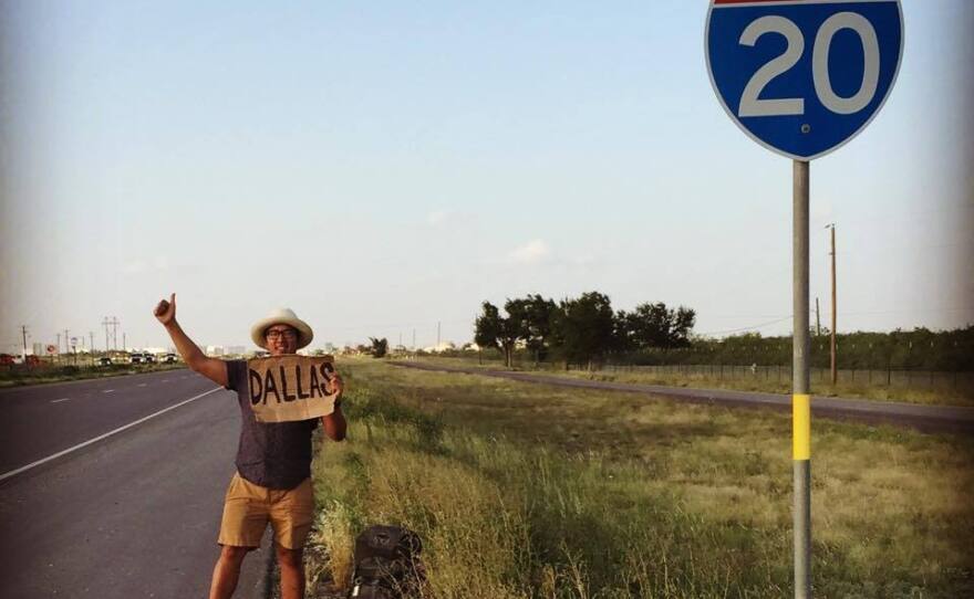 Hoang-Chau Nguyen puts his thumb out to catch a ride from Midland, Tex. to Dallas. He posted this photo on Facebook with the caption: "Hitchhiking is all about viewing your immediate problems in pragmatic and strategic terms. There aren't any other issues, only your actual resources and your awareness of all your possible choices of action."