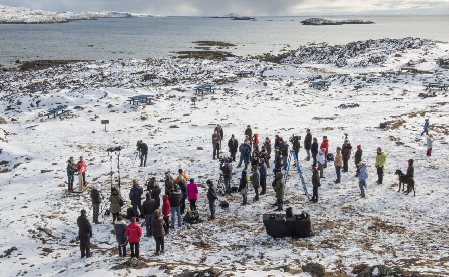 Liberal Party candidate Justin Trudeau speaks at a campaign event Frobisher Bay in the Qikiqtaaluk Region of Nunavut, Canada.