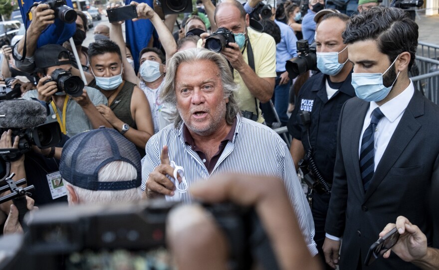 Steve Bannon leaves federal court, Thursday, Aug. 20, 2020, after pleading not guilty to charges that he ripped off donors to an online fundraising scheme to build a southern border wall.