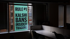 A banner for the prediction market platform Kalshi hangs from a building on April 1.