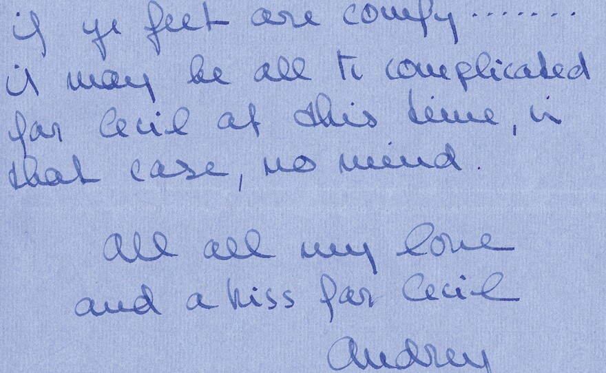 In a letter to the director of <em>My Fair Lady</em>, Audrey Hepburn asks for costume designer Cecil Beaton to send her the designs for her footwear — such that her bootmaker could replicate them. A replication of the note appears in <em>Letters from Hollywood.</em>