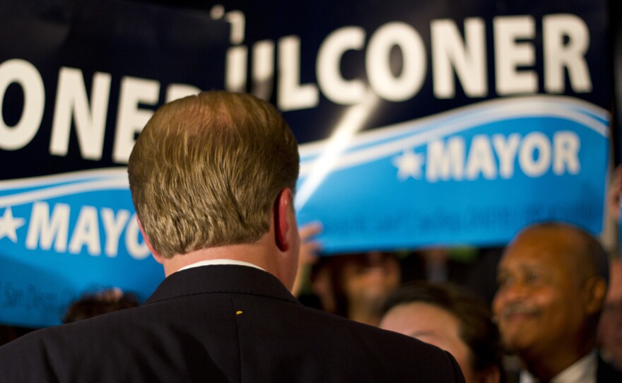 Kevin Faulconer greets fans at the U.S. Grant Hotel in downtown San Diego on election night for the mayoral runoff, Feb. 11, 2014.