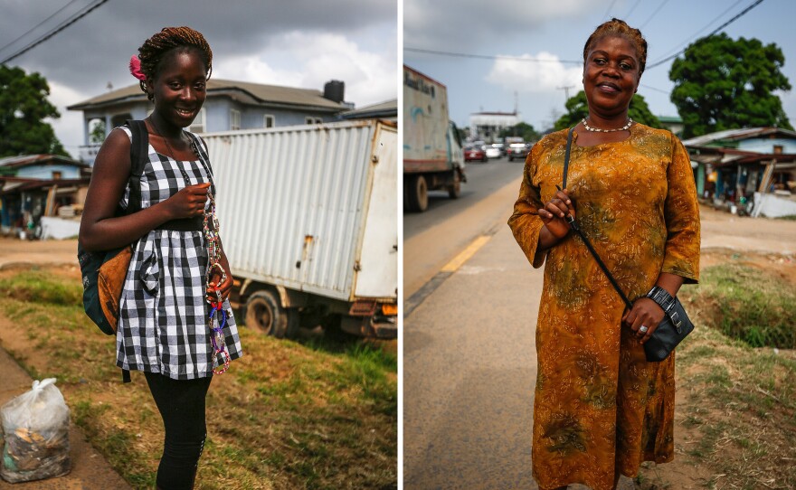 Caroline Abang, 16, (left) is selling "bangles" because schools are closed in Liberia. She hopes to become be an engineer. Right: "When you're not dressed, nobody can recognize you," says teacher Demah Bee. "They will say you're suffering too much."