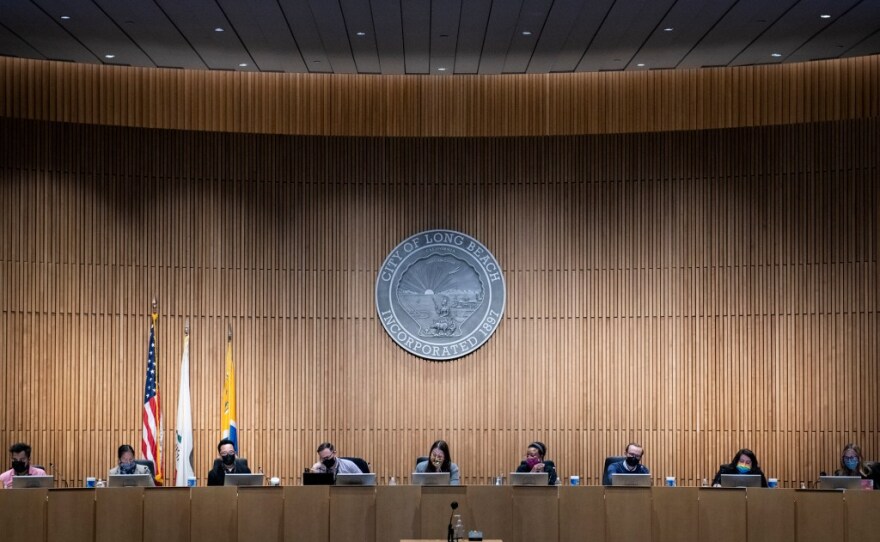 The Long Beach Independent Redistricting Commission holds a public meeting at City Hall in Long Beach, on Oct. 20, 2021.