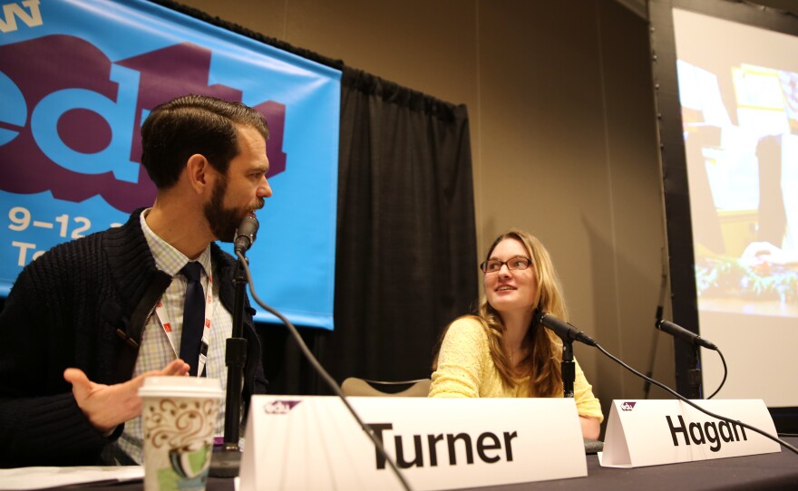 NPR Ed's Cory Turner chats with teacher Sarah Hagan at SXSWedu in Austin, Texas.