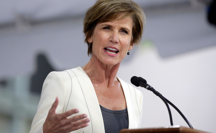 Former U.S. Deputy Attorney General Sally Yates has been tapped to lead an independent investigation into how Cornell University handled the rape allegations of a former student. Here, Yates speaks at Harvard University in Cambridge, Mass., in 2017.
