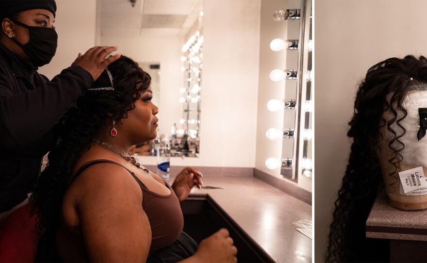 Latonia Moore gets ready for the dress rehearsal of Il Trovatore on Oct. 19, 2022. (Catie Dull/NPR)