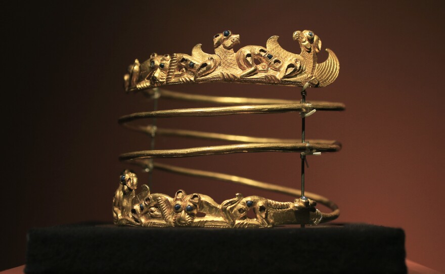 A spiraling torque from the second century A.D. is displayed as part of the exhibit called The Crimea - Gold and Secrets of the Black Sea in 2014 at Allard Pierson historical museum in Amsterdam.