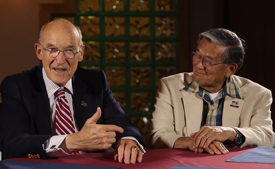 Former U.S. Senator Alan Simpson (R-WY) with boyhood friend Norman Mineta at the 2015 Heart Mountain Annual Pilgrimage.