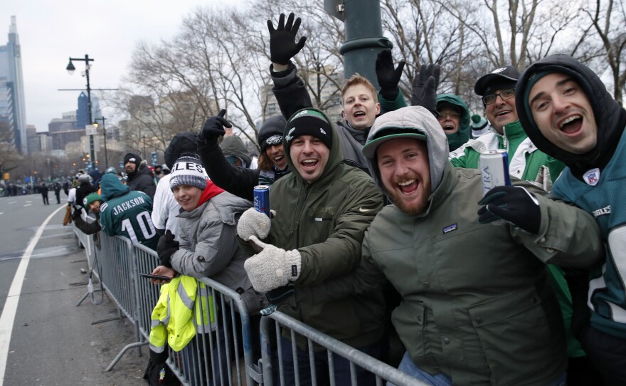 Fans line Benjamin Franklin Parkway before the Super Bowl victory parade for the Philadelphia Eagles on Thursday in Philadelphia.