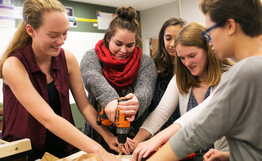 (Top) A group of girls works on a project in physical science class at the Global Impact STEM Academy in Springfield. (Left) Hayley Milliron wants to go into engineering or animal science after high school. (Right) Joey Durham and Jada Keplinger, both sophomores, build a gravity xylophone in advanced physical science class.