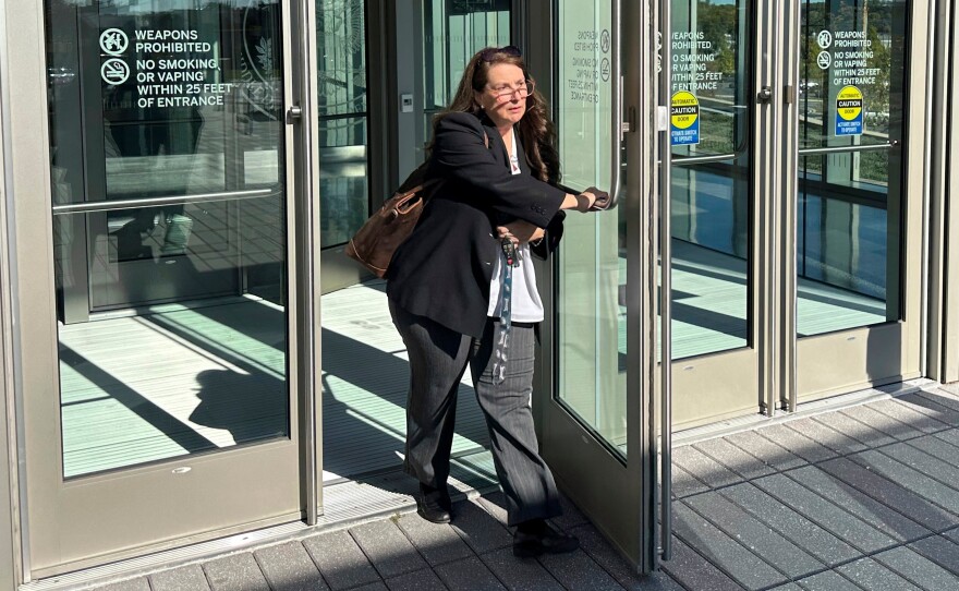 Heather Honey leaves the federal courthouse in Harrisburg, Pa., in 2024. The right-wing election activist wrote a document criticizing the National Study of Learning, Voting and Engagement before she was appointed deputy assistant secretary for elections integrity at the Department of Homeland Security.