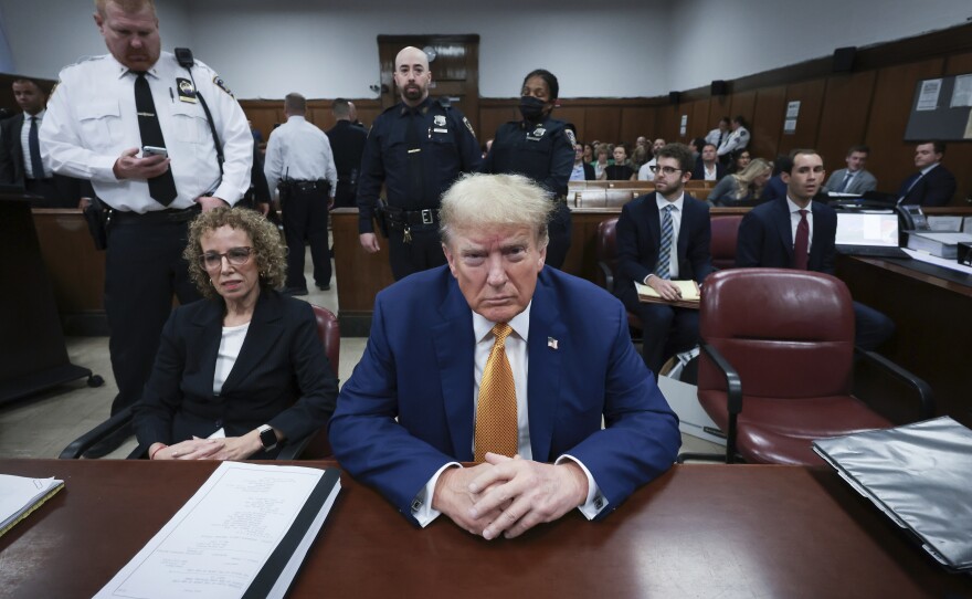 Former President Donald Trump and attorney Susan Necheles attend his trial at the Manhattan Criminal court, Tuesday. Less than a week after a pair of campaign rallies, Trump is mandated to be back in court almost everyday, making the Manhattan courtroom his campaign trail stop of necessity.