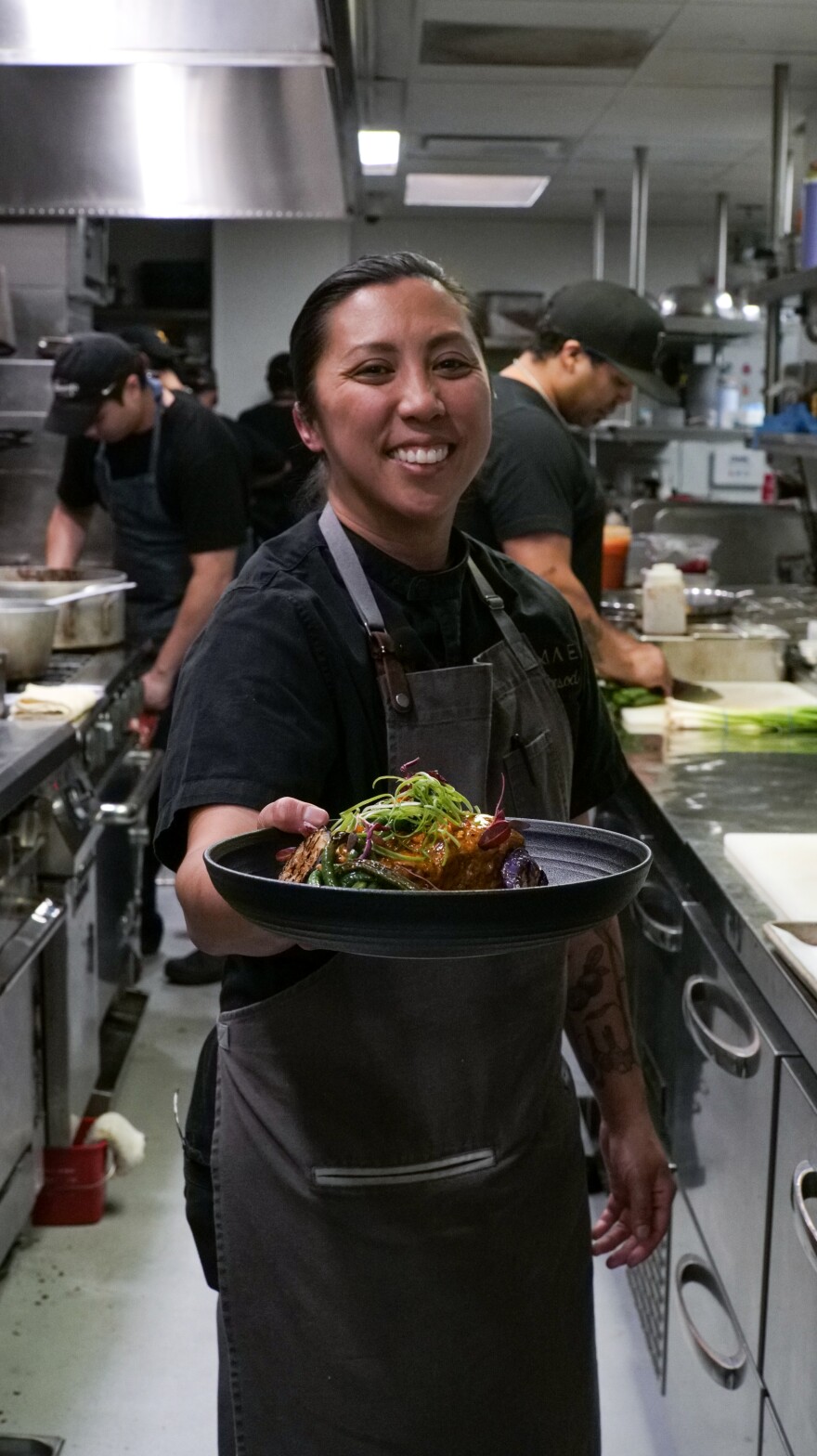 Tara Monsod, executive chef of Animae, poses with a dish. San Diego, Calif. April 11, 2024.