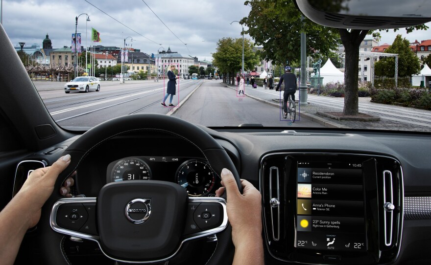 A photo demonstrates safety features in a Volvo XC40. Many new cars have optional features that can help prevent accidents. But those same features can also make repairs more expensive, boosting car insurance premiums.