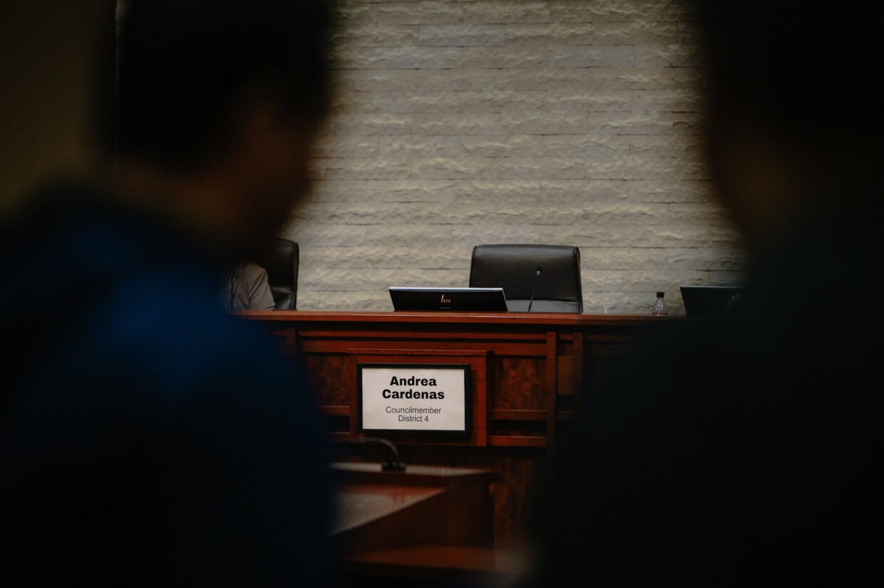 Chula Vista City Councilmember Andrea Cardenas' seat sits empty during a council meeting on Nov. 14, 2023. Cardenas, who has been charged with grand theft and fraud, did not show up to the meeting.
