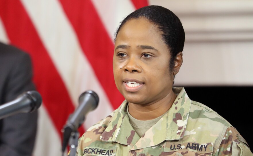 Maj. Gen. Janeen Birckhead serves as Maryland's 31st adjutant general — making her the only Black woman who leads a state military in the U.S. Above, Birckhead outlines plans to improve equity in the distribution of COVID-19 vaccines during a news conference in Annapolis, Md., in March 2021.