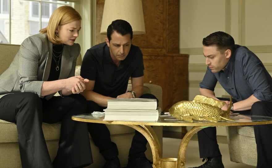Shiv (Sarah Snook), Kendall (Jeremy Strong) and Roman (Kieran Culkin) struggle to be taken seriously by their father and the upper level cronies at Waystar in Season 4's "Honeymoon States" episode.