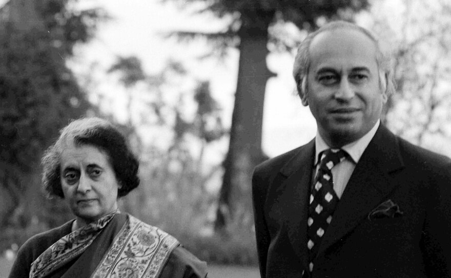 Pakistani leader Zulfikar Ali Bhutto stands with Indian Prime Minister Indira Gandhi before a summit in Simla, India, on June 28, 1972. Bhutto was overthrown in a military coup in 1977 and hanged two years later.