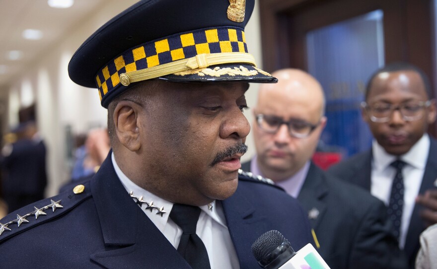 Eddie Johnson speaks to the press April 13 after being sworn in as Chicago Police Superintendent. He recently announced plans for the city to hire 1,000 new police officers to deal with its wave of violent crime.