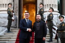 Ukraine's President Volodymyr Zelenskyy welcomes and shakes hands with Britain's Prime Minister Andy Burnham upon his arrival at Horodetskyi House ahead of their bilateral meeting in  Kyiv, Monday, Aug. 24, 2026.