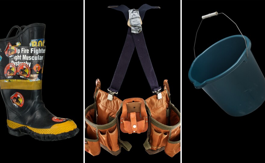 (Left) A firefighter's boot used to collect money from motorists for the "Fill the Boot" campaign for muscular dystrophy which started in 1954. (Center) A Habitat for Humanity belt was used by a volunteer in rebuilding homes in Louisiana after Hurricane Katrina. (Right) Bucket used by Jeanette Senerchia in 2014 launching the viral ALS Ice Bucket Challenge.