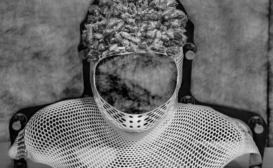 <em>Atomic Crown</em>, 2021. Marcia and I received donated masks from hospitals across New Mexico for this project. Many of them sit in storage, and it felt right to be working with them as these personal relics connecting flesh and spirit. This particular mask has knobs on the back that secure patients to steel tables. I spent hours assembling a crown of burrs on the top — seeds for new growth.