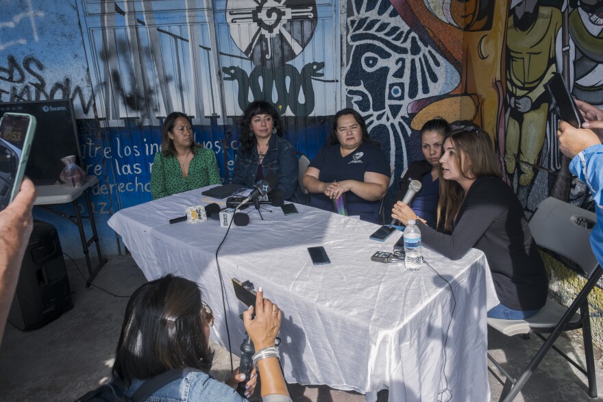 Activists from the Tijuana migrant shelter Border Line Crisis Center tell the press that Mexican National Guard members were caught by a security camera trying to force their way inside the shelter, Oct. 17, 2023.