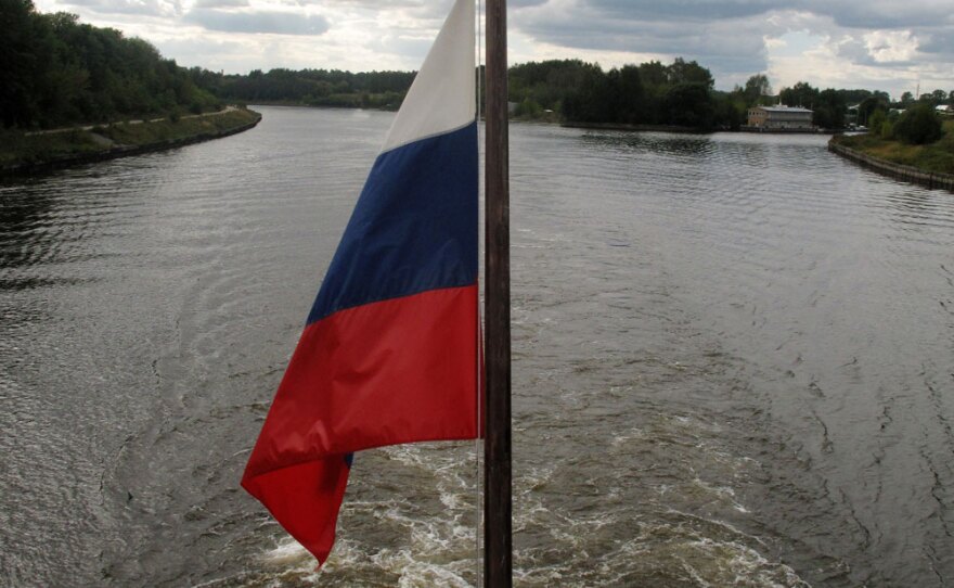 The Russian flag hangs from a cruise ship traveling down the Volga River from Moscow.