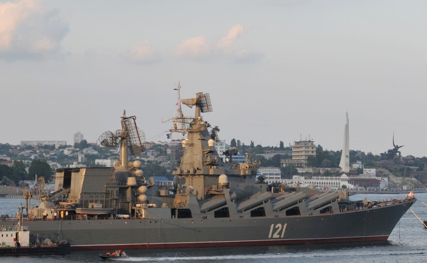 The Moskva guided missile cruiser participates in a Russian military parade near a navy base in the Ukrainian town of Sevastopol in July 2011.