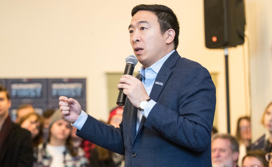 Democratic presidential candidate Andrew Yang speaks during a campaign event at Hopkinton Town Hall on Feb. 9 in Hopkinton, N.H.