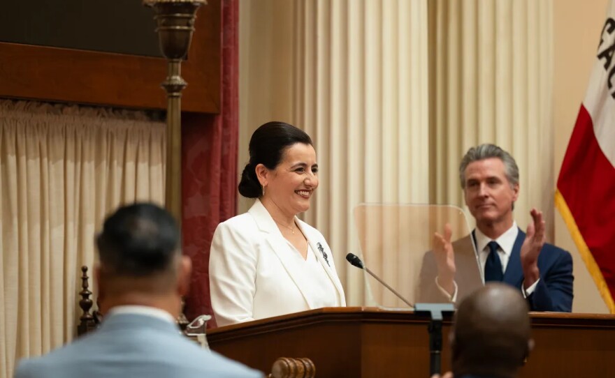 Senate President Pro Tem Monique Limón addresses lawmakers during her swearing-in ceremony in the Senate chambers at the state Capitol in Sacramento on Jan. 5, 2026.