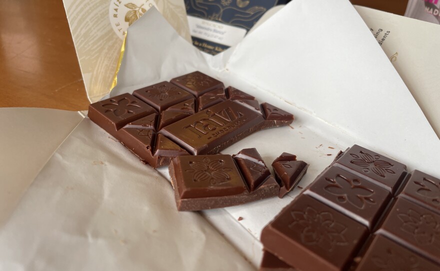 A bar of dark chocolate from Raíz Chocolate is shown on Nov. 14, 2025.