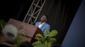 Gentry Patrick speaks in front of thousands of incoming UC San Diego students at the 2019 convocation. 
