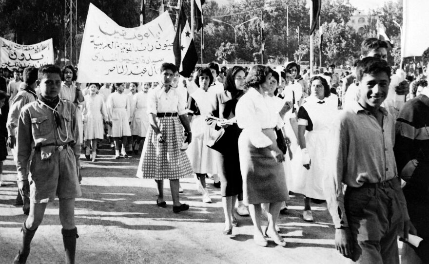 Demonstrators march to commemorate Nakba Day on May 15, 1960 in Damascus, Syria. Palestinians dispossessed of their homes in 1948 took refuge in Arab countries including Syria.