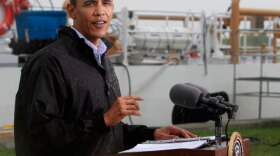 President Obama talks to reporters Sunday in Venice, La., as he visits the Gulf Coast region affected by a massive oil spill.