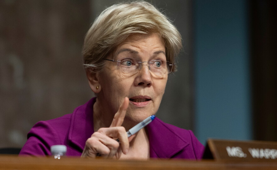 Sen. Elizabeth Warren, a Democrat from Massachusetts, speaks during an April hearing on Capitol Hill in Washington, D.C.