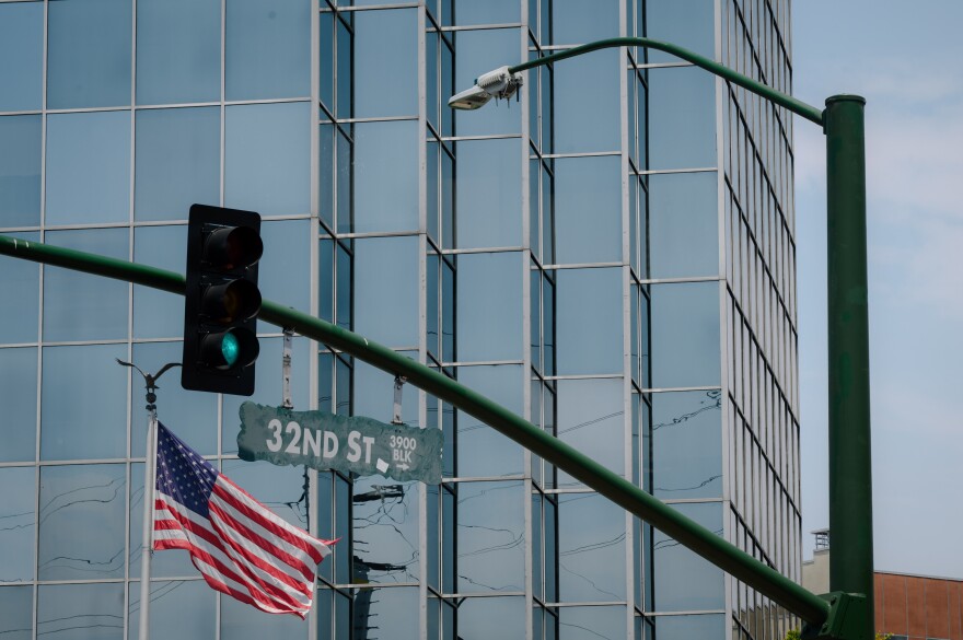Smart streetlights are pictured at the corner of 32nd Street and University Avenue in San Diego on July 12, 2024.