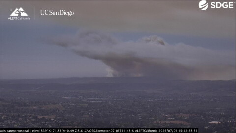 Smoke from the Pipeline Fire on Camp Pendleton rises into the sky on July 6, 2026.
