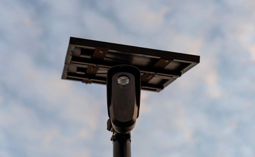 A Flock license plate reader is seen along a public road, Oct. 16, 2025, in Houston.