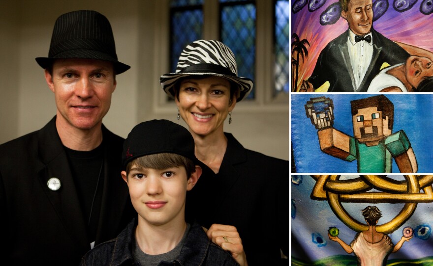 Kym Martin has had cancer three times: Hodgkin's lymphoma at age 17, then melanoma and breast cancer. Her "Trinity" jacket reflects how her faith in God has helped see her through. Son Taylor, 12, uses his jacket to remind him to drink water so he won't have kidney problems again. And husband Ross Martin's jacket shows him dancing through cancer treatment with Kym. They met ballroom dancing.