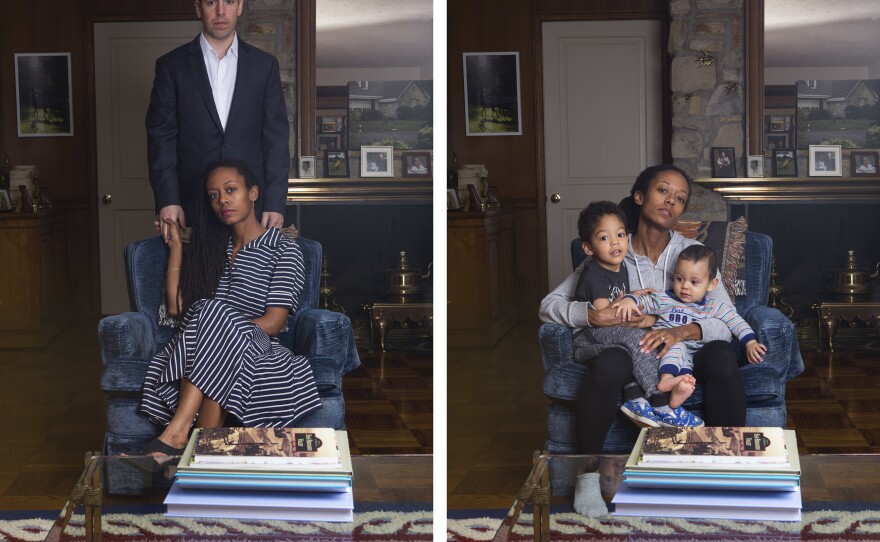 From photographer Janna Ireland's project <em>Milk and Honey</em>: (Left) Portrait of Ireland and her husband.(Right) Portrait of Ireland and her two sons.