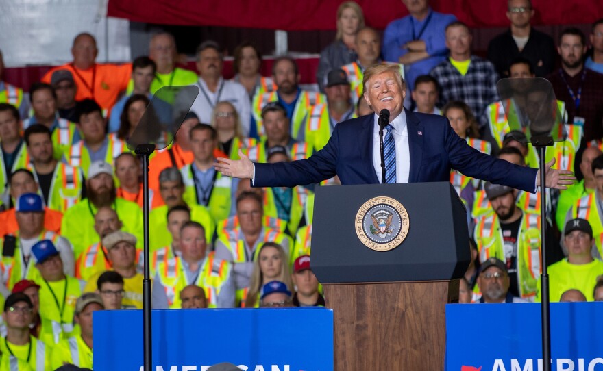 President Trump speaks to about 5,000 contractors at the Shell Chemicals Petrochemical Complex on Tuesday in Monaca, Pa.