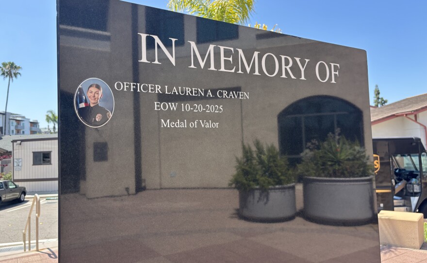 La Mesa Police Officer Lauren Craven's name appears on the city's Peace Officer Memorial on May 8, 2026.